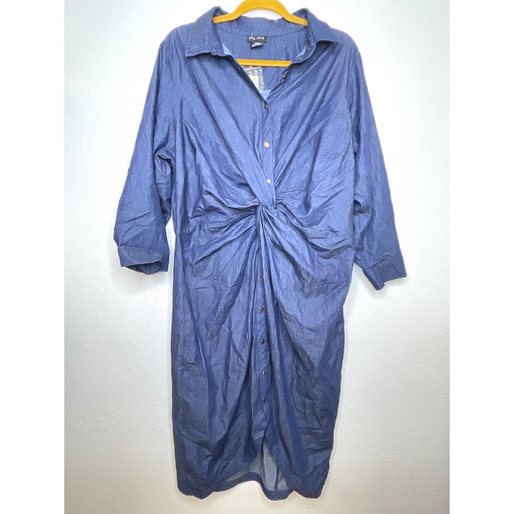 City Chic Women Dress Chambray Twist Front Button Down Midi M/18 Dark Blue NWT